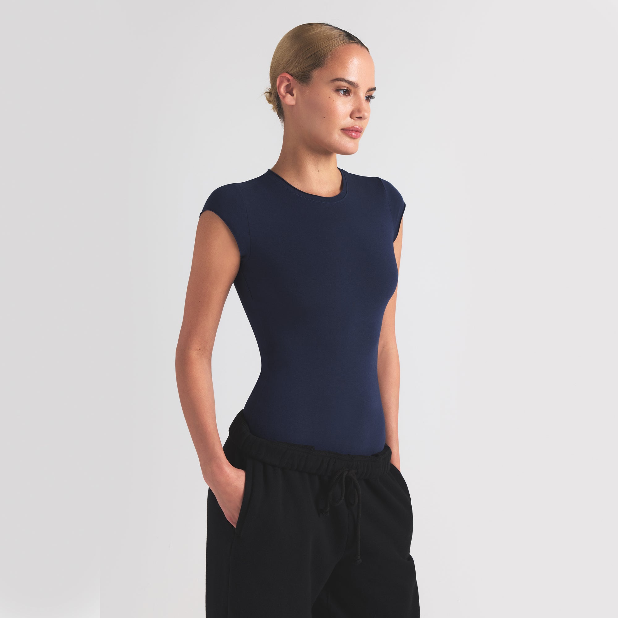 COTTON JERSEY T-SHIRT BRIEF BODYSUIT | NAVY - Image 2