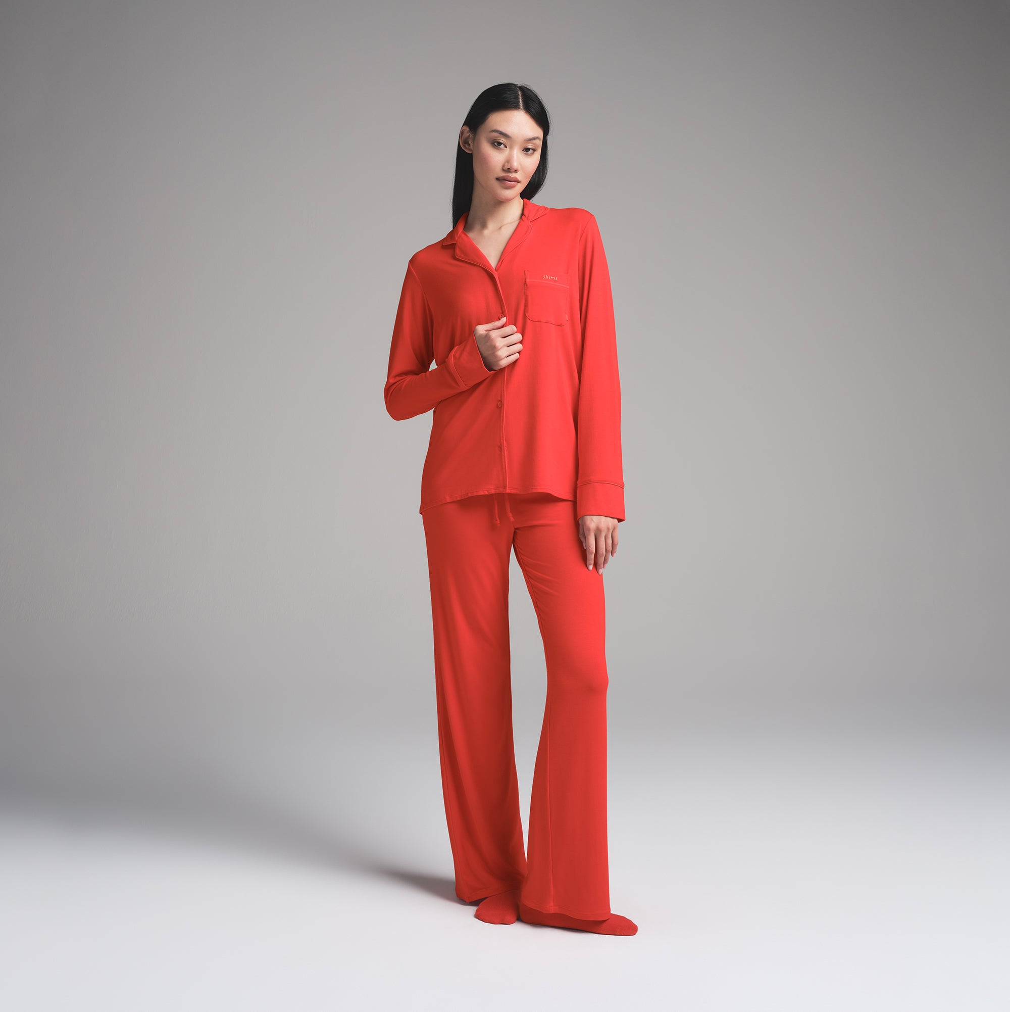 SKIMS SLEEP LONG SLEEVE BUTTON UP SET | RUBY