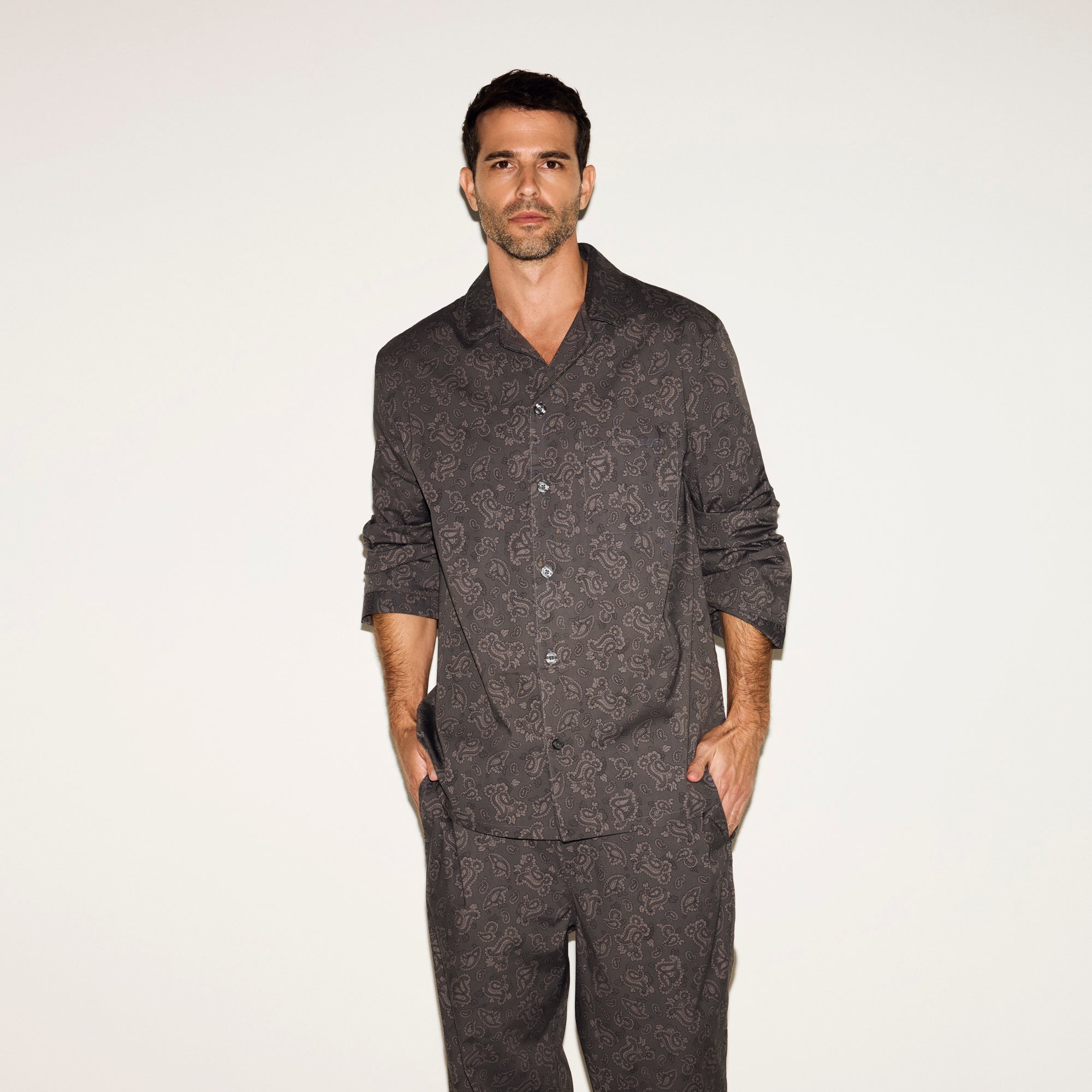 COTTON POPLIN MENS LONG SLEEP SET | ASH PAISLEY PRINT - Image 2