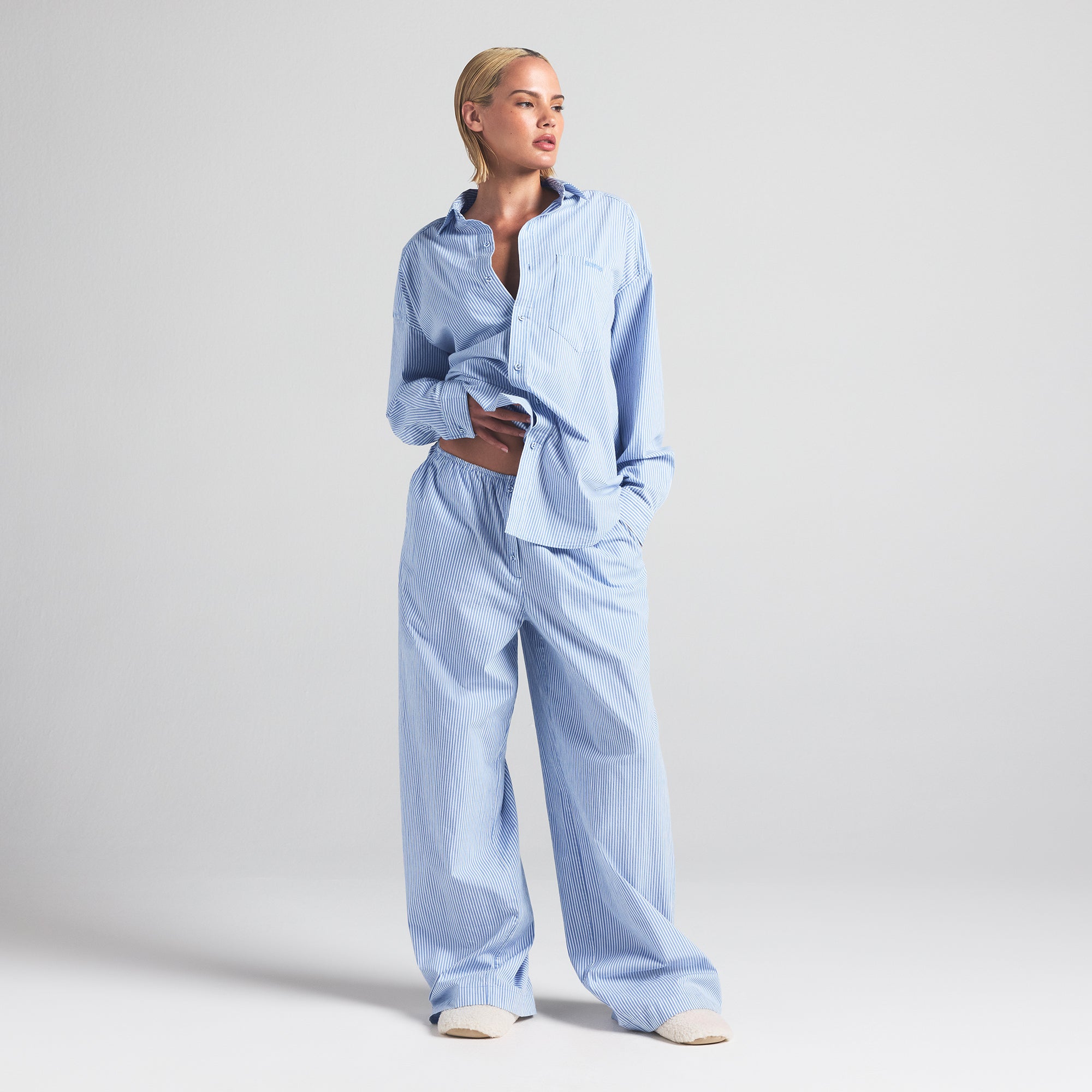 COTTON POPLIN OVERSIZED SLEEP SET | CADET STRIPE