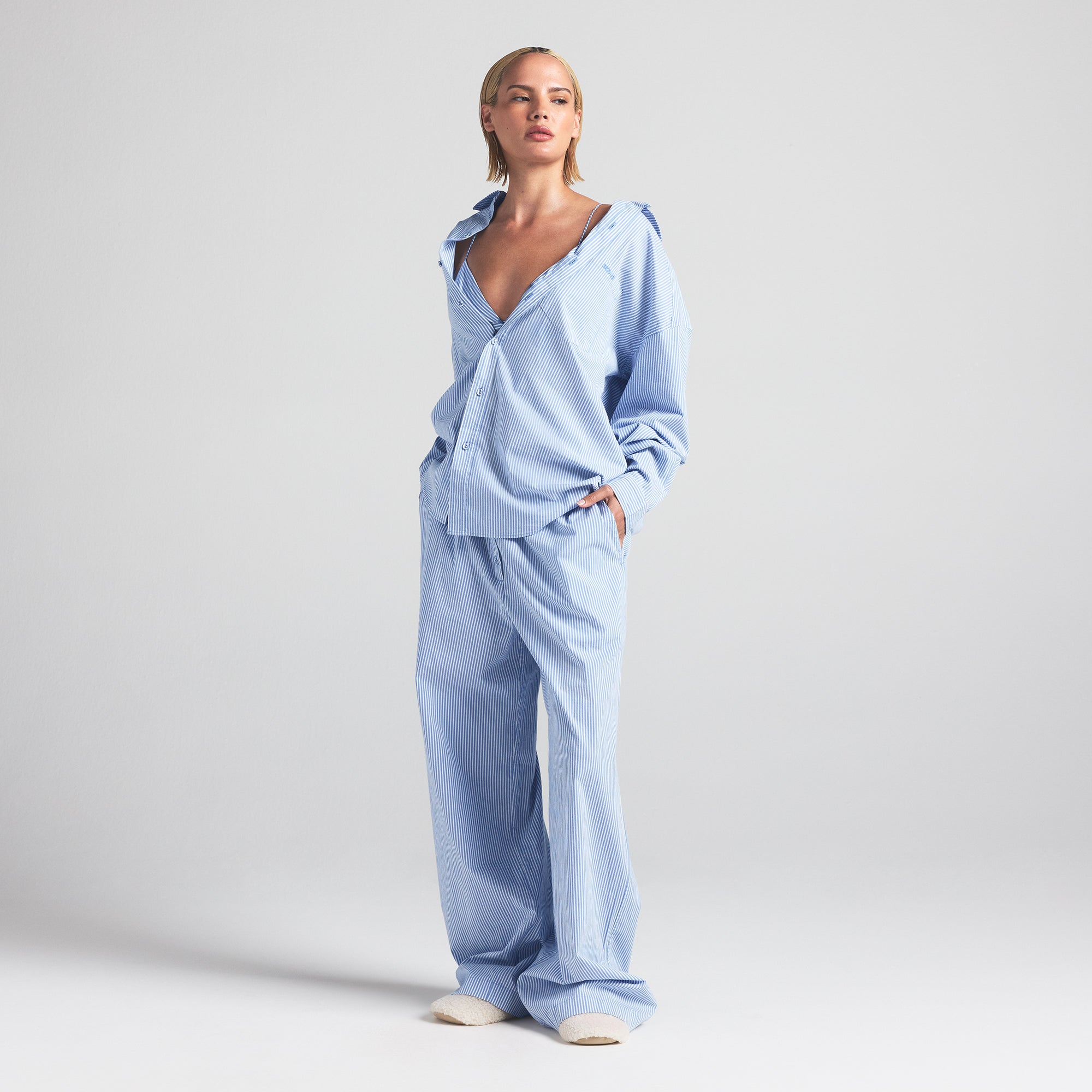COTTON POPLIN OVERSIZED SLEEP SET | CADET STRIPE - Image 3