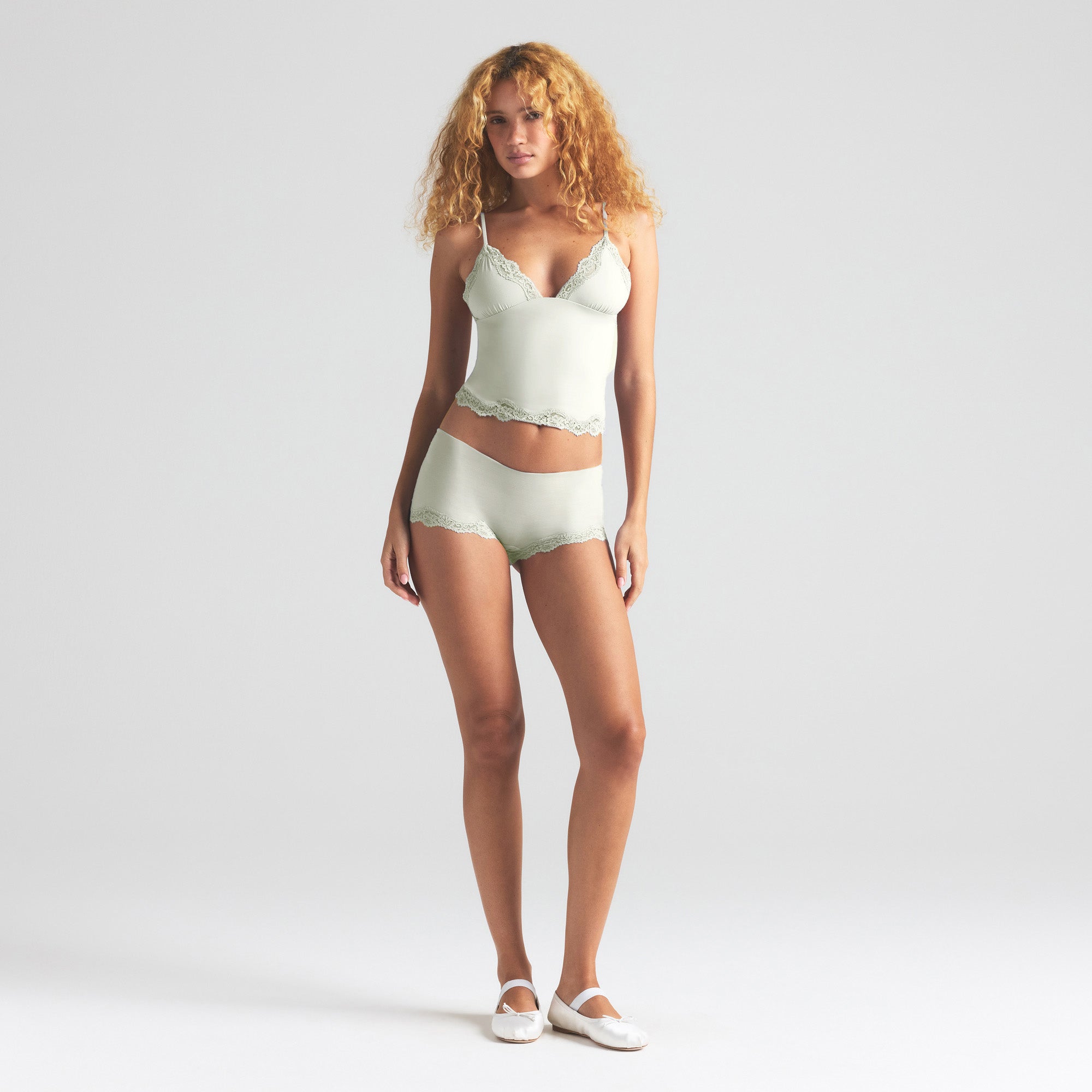 FITS EVERYBODY LACE TRIANGLE CAMI AND BOY SHORT SET | SPEARMINT