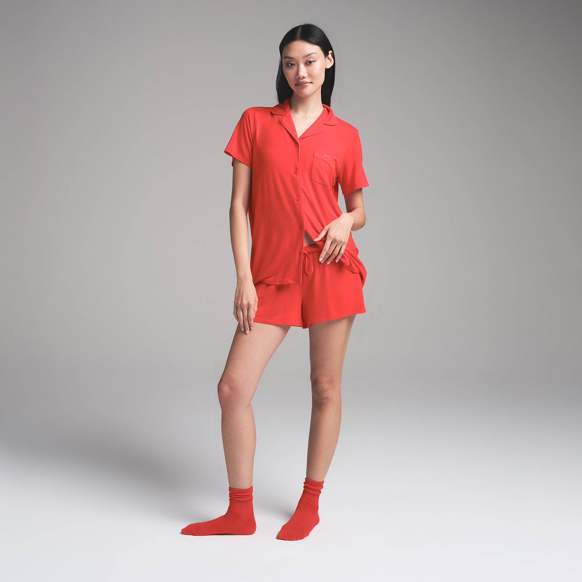 SKIMS SLEEP SHORT SLEEVE BUTTON UP SET | RUBY