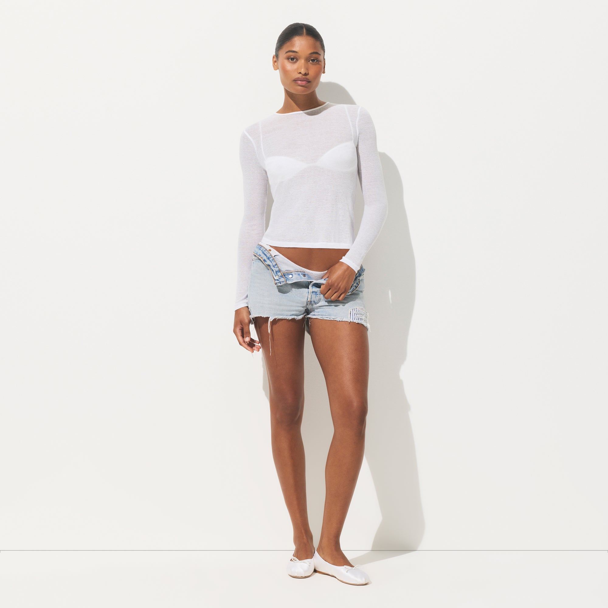 SHEER COTTON LONG SLEEVE T-SHIRT | SNOW