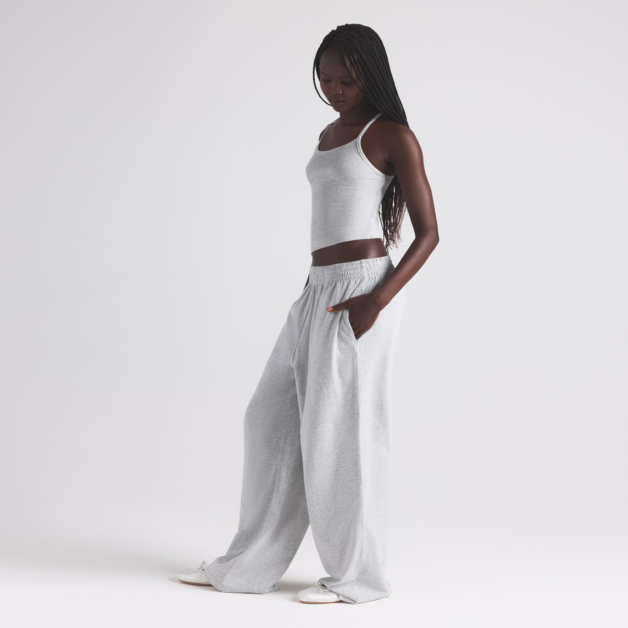 COTTON JERSEY WIDE LEG PANT | LIGHT HEATHER GREY - Image 3