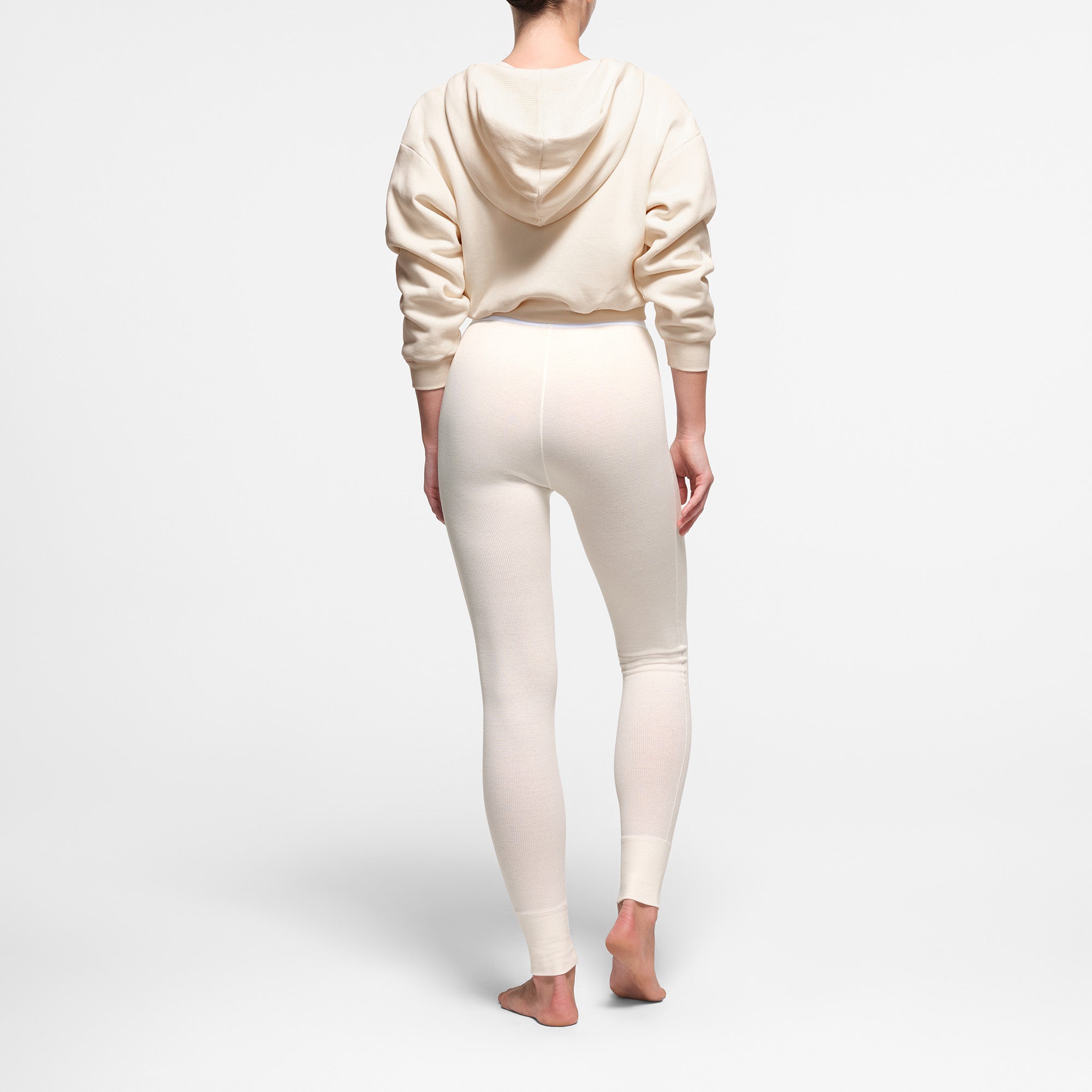 COTTON FLEECE WAFFLE LINED SHRUNKEN ZIP UP HOODIE | ECRU - Image 3