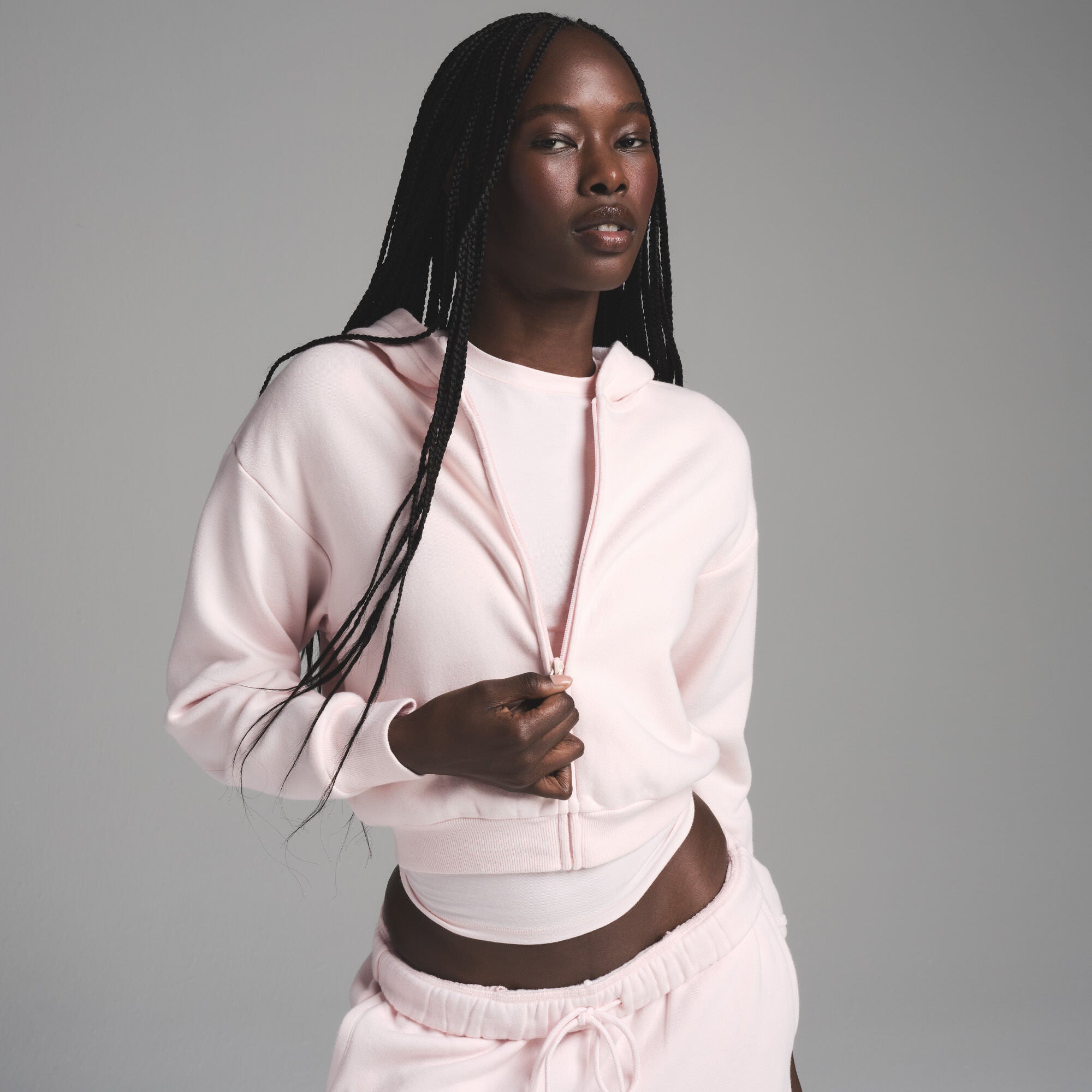 COTTON FLEECE SHRUNKEN ZIP UP HOODIE | BARELY PINK - Image 3