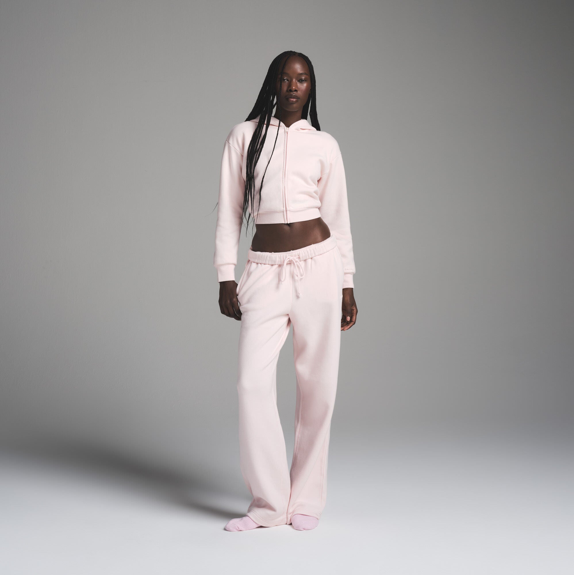 COTTON FLEECE SHRUNKEN ZIP UP HOODIE | BARELY PINK