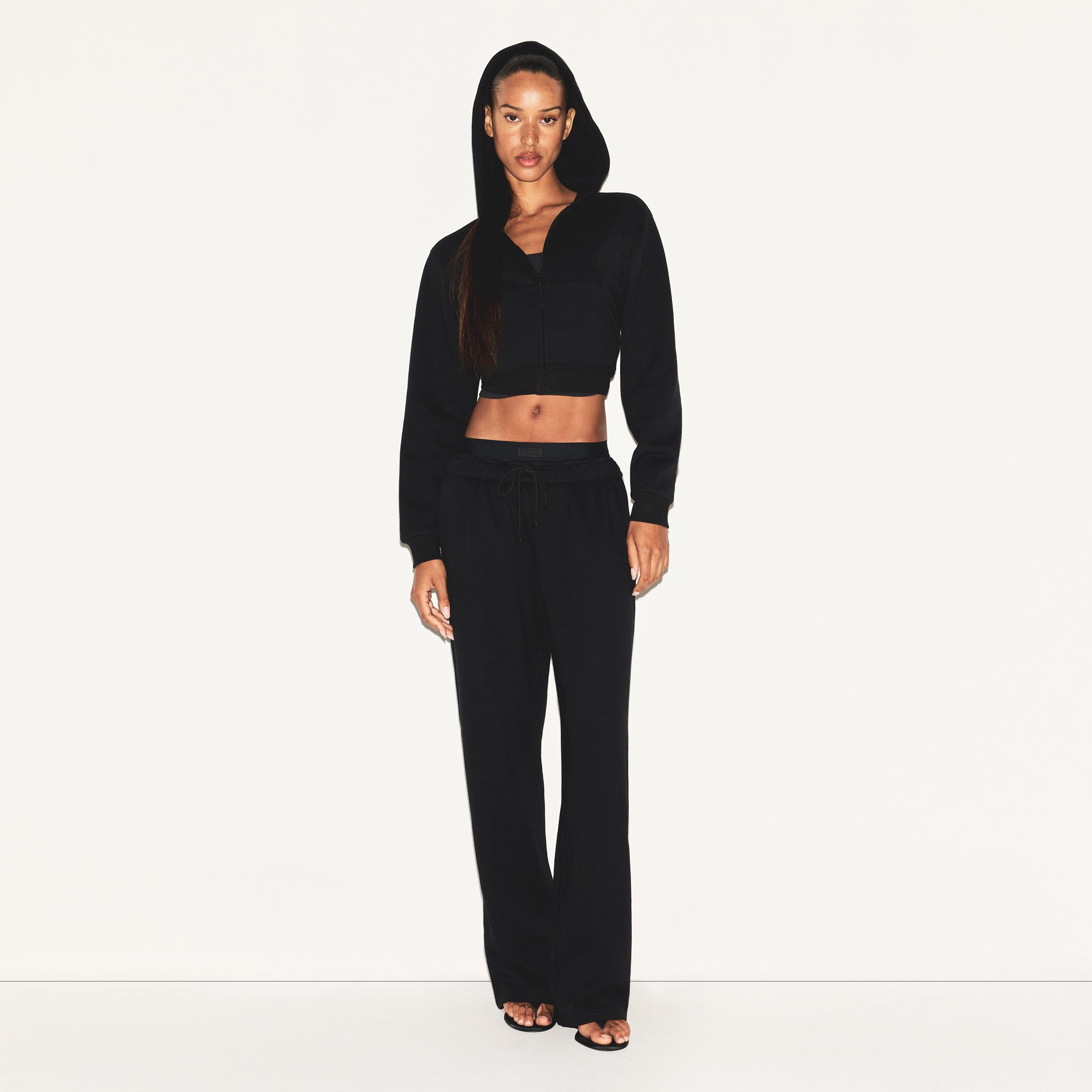 COTTON FLEECE CROPPED ZIP UP HOODIE | ONYX