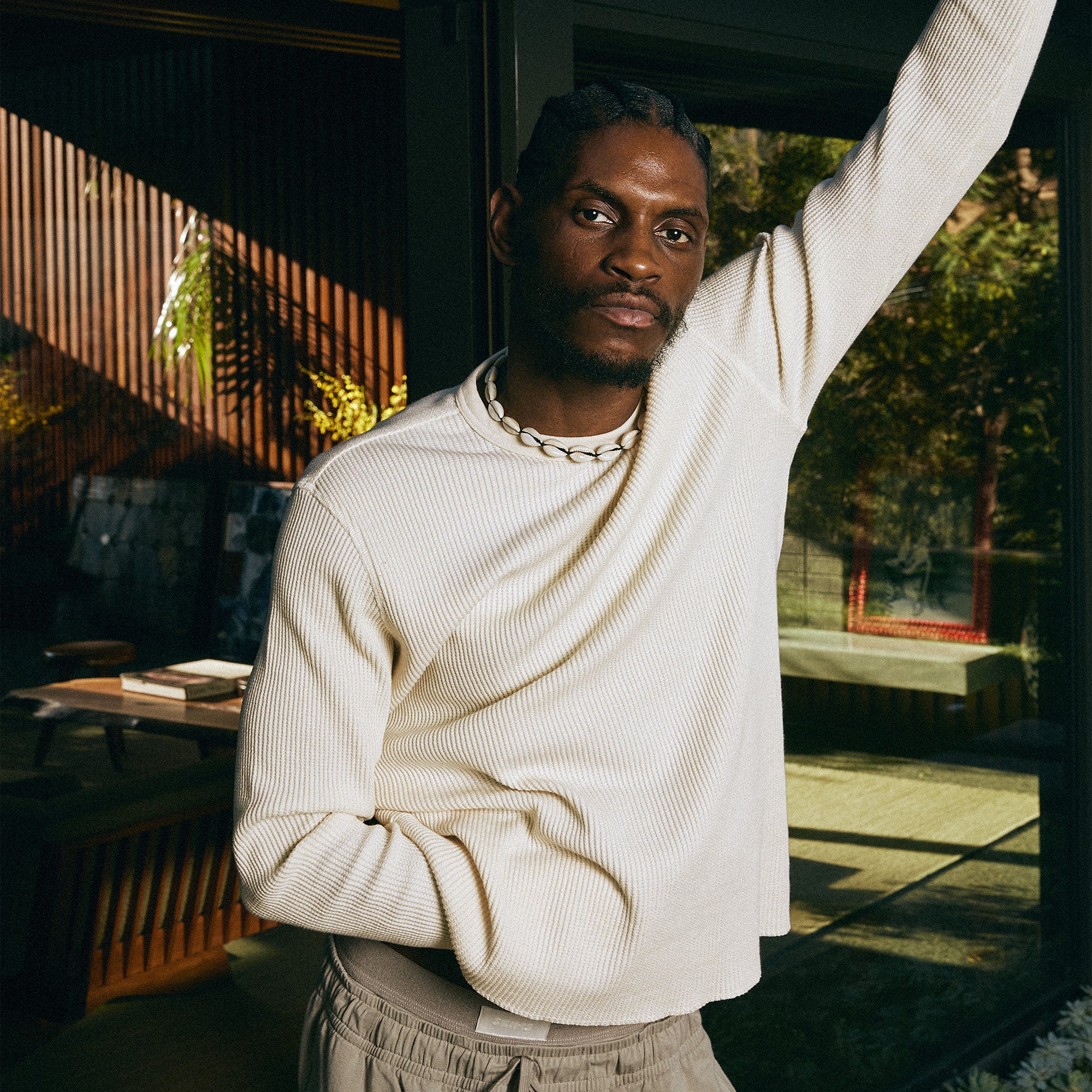 WAFFLE MENS LONG SLEEVE T-SHIRT | ECRU - Image 5